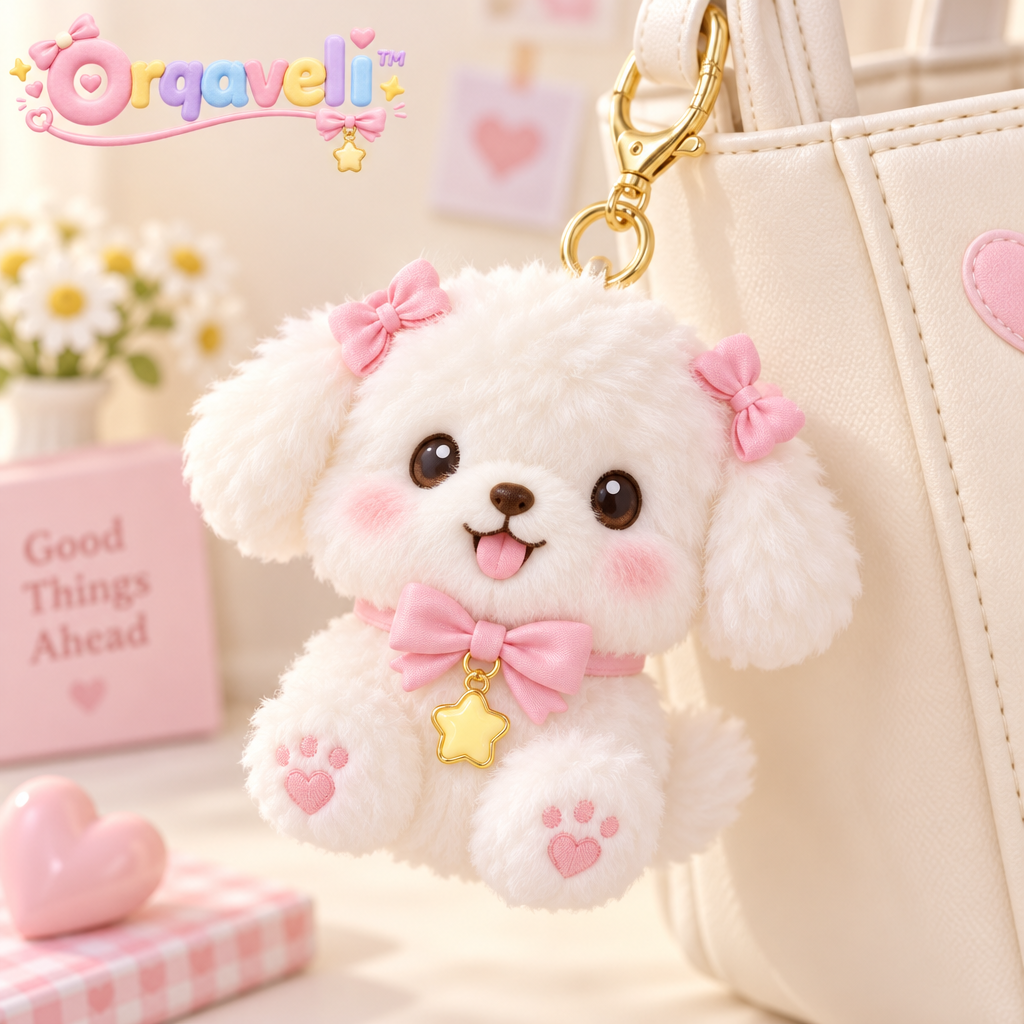 Orqaveli™ Fluffy White Puppy Plush Bag Charm &amp; Keychain with Pink Bows and Gold Star Accent