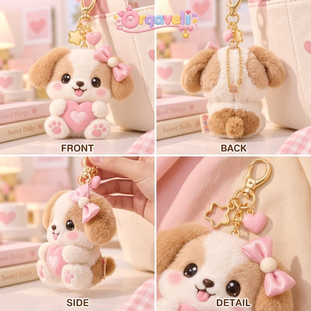 Orqaveli™ Fluffy Puppy Plush Bag Charm &amp; Keychain with Pink Bow &amp; Heart Accent