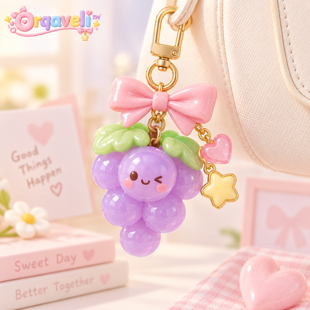 Orqaveli™ Sweet Grape Bag Charm – Kawaii Fruit Keychain with Sparkling Pink Bow, Heart &amp; Star Charm