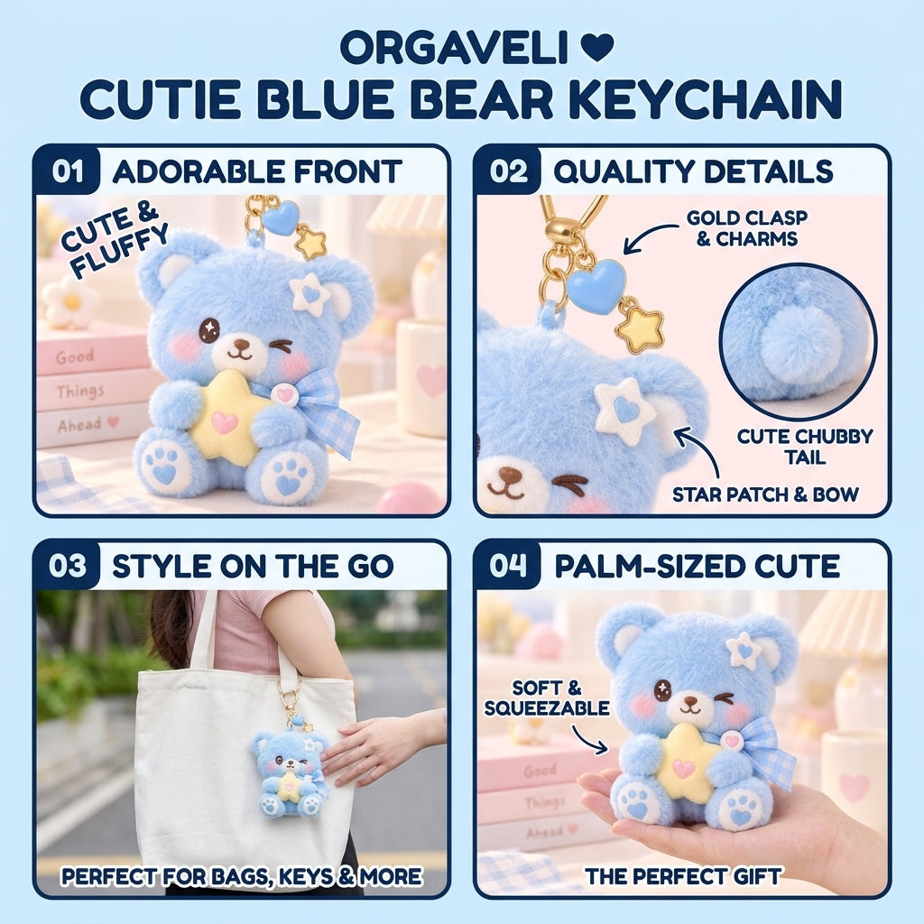 Orqaveli™ Baby Blue Winking Bear Plush Keychain – Cute Fluffy Bag Charm with Star Pillow &amp; Heart Paws