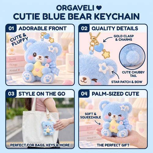 Orqaveli™ Baby Blue Winking Bear Plush Keychain – Cute Fluffy Bag Charm with Star Pillow &amp; Heart Paws