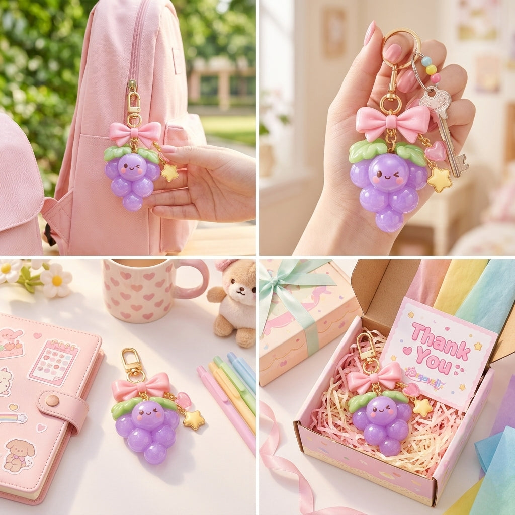 Orqaveli™ Sweet Grape Bag Charm – Kawaii Fruit Keychain with Sparkling Pink Bow, Heart &amp; Star Charm