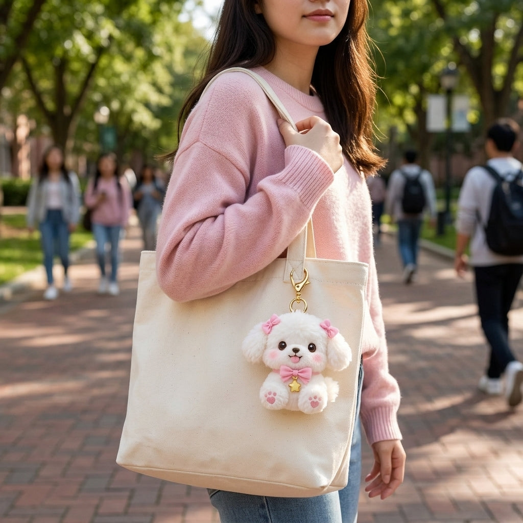 Orqaveli™ Fluffy White Puppy Plush Bag Charm &amp; Keychain with Pink Bows and Gold Star Accent