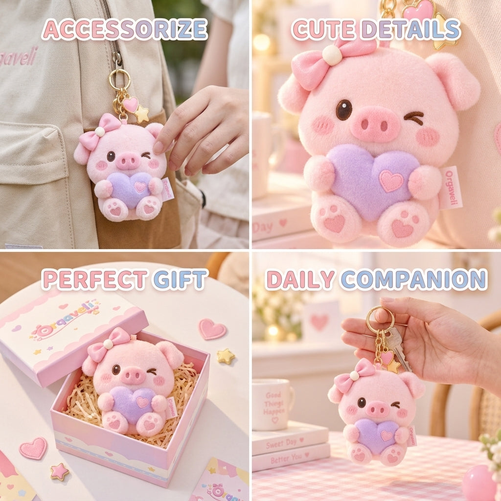 Orqaveli™ Winking Piggy Plush Bag Charm – Cute Pastel Pink Pig Keychain with Lavender Heart &amp; Bow