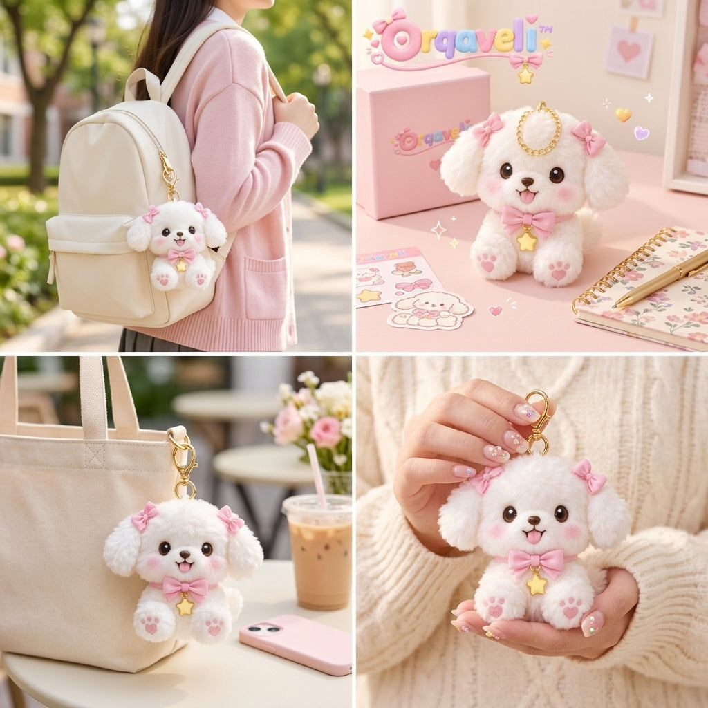 Orqaveli™ Fluffy White Puppy Plush Bag Charm &amp; Keychain with Pink Bows and Gold Star Accent