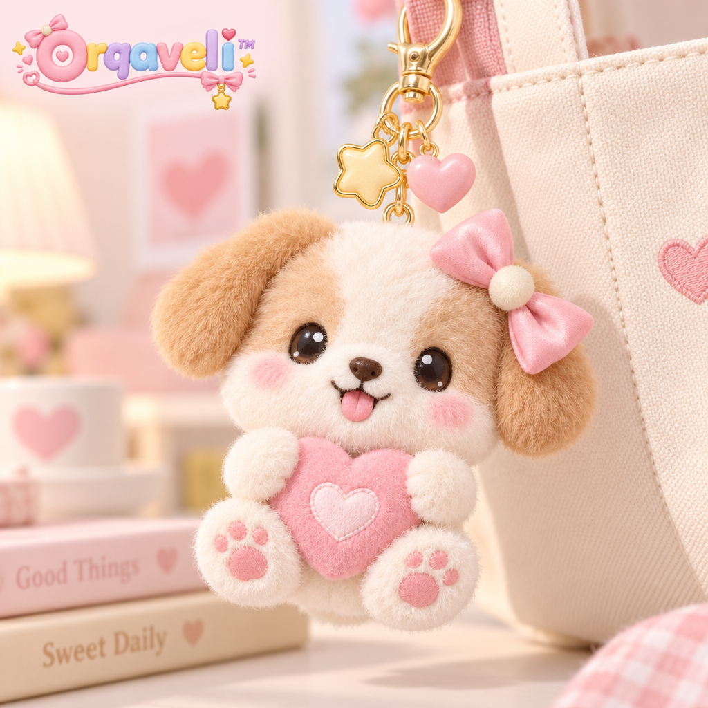 Orqaveli™ Fluffy Puppy Plush Bag Charm &amp; Keychain with Pink Bow &amp; Heart Accent