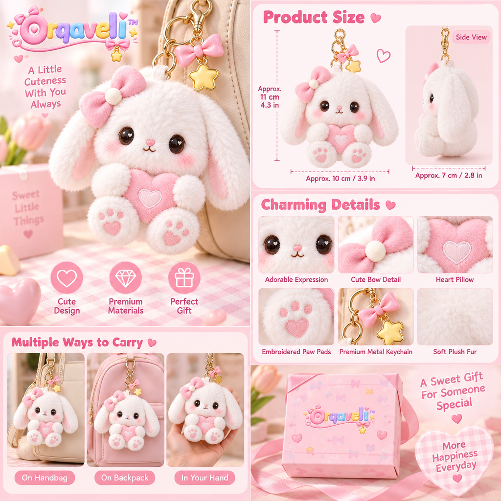 Orqaveli™ Fluffy Sweetheart Bunny Plush Keychain &amp; Bag Charm