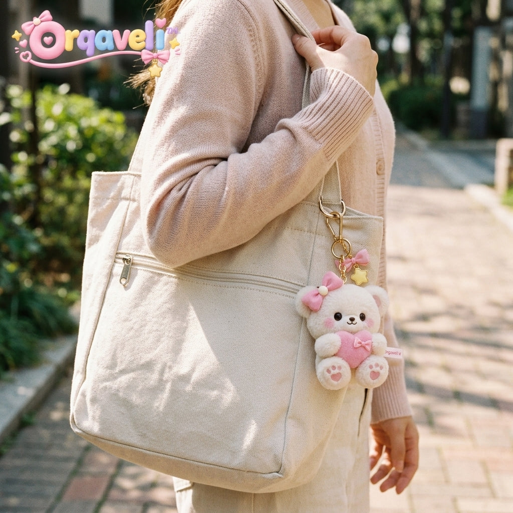 Orqaveli™ Fluffy Sweetheart Bear Bag Charm &amp; Keychain – Kawaii Pastel Plush with Heart &amp; Star Accents