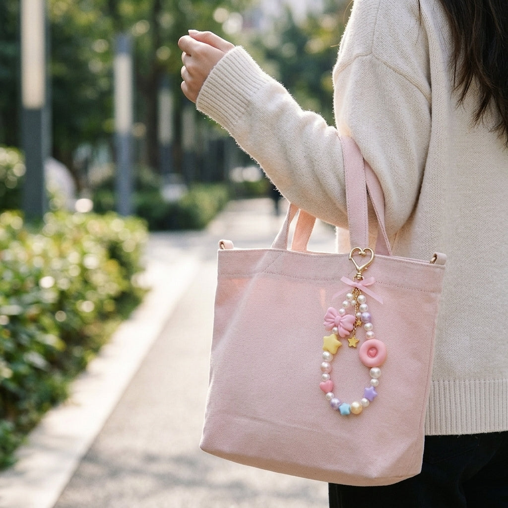 Orqaveli™ Aesthetic Pastel Beaded Bag Charm – Cute Donut, Bow &amp; Faux Pearl Keychain with Gold Heart Clasp