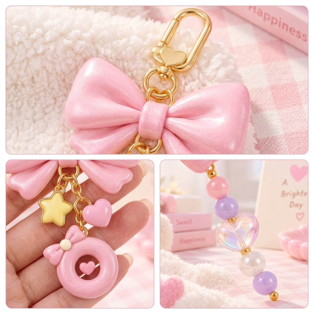 Orqaveli™ Kawaii Pastel Pink 3D Bow &amp; Donut Bag Charm Keychain