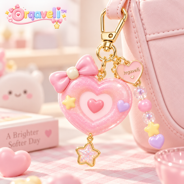 Orqaveli™ Pastel Pink Glitter Heart Bag Charm, Kawaii 3D Bow &amp; Beaded Keychain Accessory
