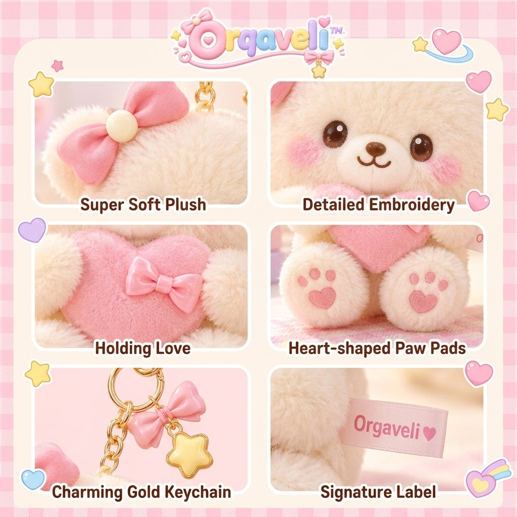 Orqaveli™ Fluffy Sweetheart Bear Bag Charm &amp; Keychain – Kawaii Pastel Plush with Heart &amp; Star Accents