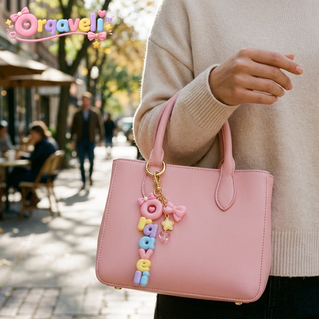 Orqaveli™ Cute Pastel Bag Charm Keychain – 3D Candy-Style Doughnut Letter Name Charm with Bow, Star &amp; Heart Accents for Purses and Backpacks