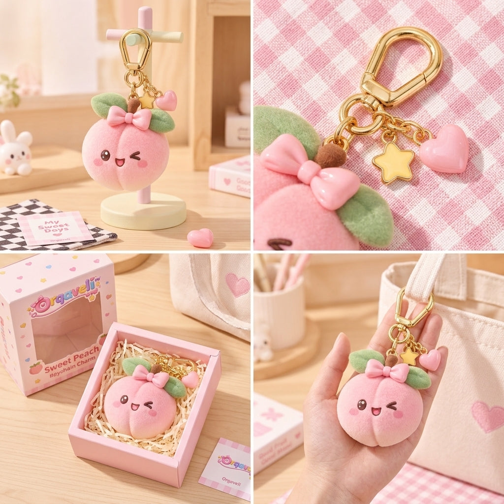 Orqaveli™ Kawaii Winking Peach Bag Charm – Soft Flocked Velvet Fruit Keychain with 3D Bow &amp; Dainty Charms